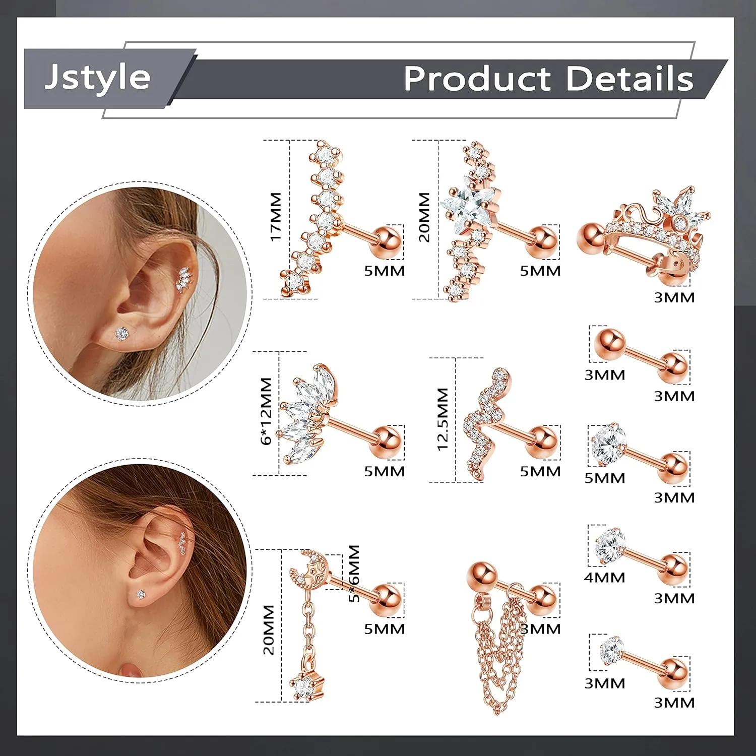 Jstyle 16 Gauge Cartilage Earrings for Women Hypoallergenic Surgical Stainless Steel Earring Sets for Multiple Piercing Daith Conch Tragus Helix Piercing Jewelry