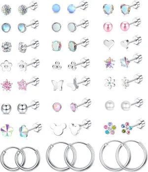 Jstyle 24 Pairs Hypoallergenic Screw Back Earrings for Girls Women Surgical Steel Tiny Heart Flower Flat Back Stud Earrings Cute Hoop Earrings Jewelry Set