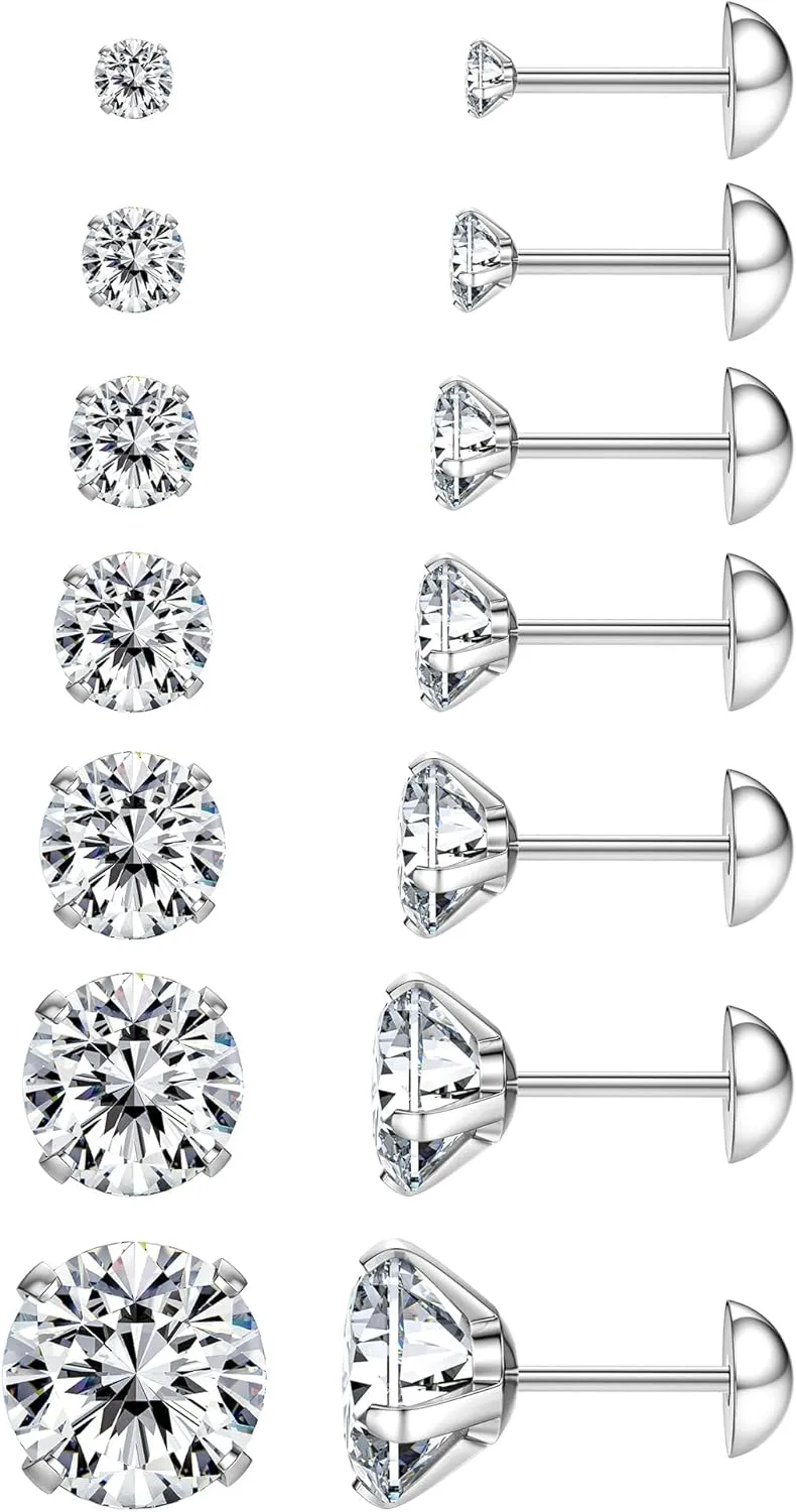 Jstyle 7 Pairs Hypoallergenic Silver Stud Earrings Set for Women Men Stainless Steel Earrings Sparkly Cubic Zirconia Earrings Studs Cartilage Earrings Jewelry