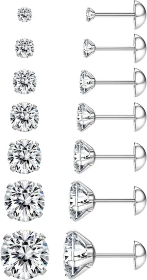 Jstyle 7 Pairs Hypoallergenic Silver Stud Earrings Set for Women Men Stainless Steel Earrings Sparkly Cubic Zirconia Earrings Studs Cartilage Earrings Jewelry