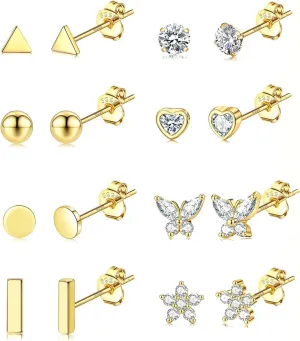 Jstyle 8 Pairs Sterling Silver Stud Earrings for Women, 14K Gold Plated Heart Flower Butterfly Tiny Stud Earrings Set for Multiple Piercing, Hypoallergenic Small Cubic Zirconia Studs Earrings, Dainty Earrings for Women