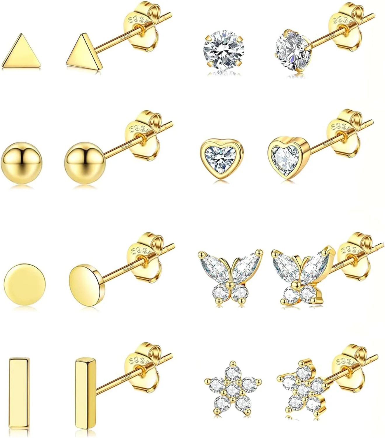 Jstyle 8 Pairs Sterling Silver Stud Earrings for Women, 14K Gold Plated Heart Flower Butterfly Tiny Stud Earrings Set for Multiple Piercing, Hypoallergenic Small Cubic Zirconia Studs Earrings, Dainty Earrings for Women