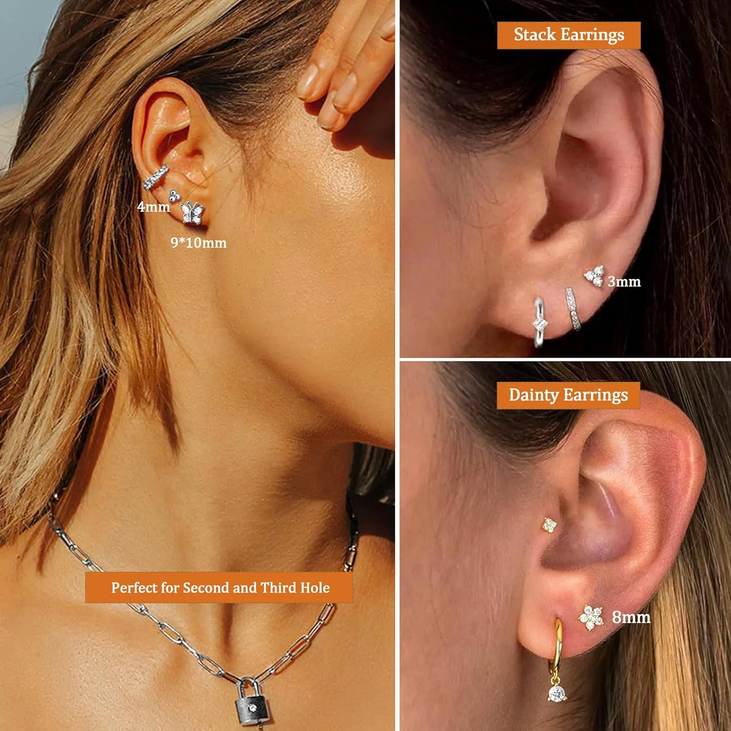 Jstyle 8 Pairs Sterling Silver Stud Earrings for Women, 14K Gold Plated Heart Flower Butterfly Tiny Stud Earrings Set for Multiple Piercing, Hypoallergenic Small Cubic Zirconia Studs Earrings, Dainty Earrings for Women