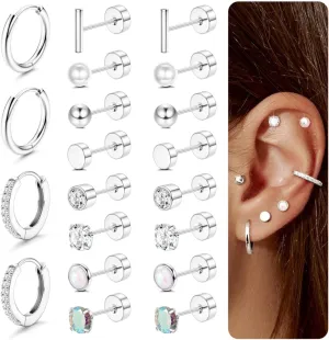 Jstyle Hypoallergenic Earrings for Sensitive Ears-20G Flat Back Earrings for Women Men-Small Surgical Steel Stud Earrings Huggie Hoop Cartilage Nap Earring Sets