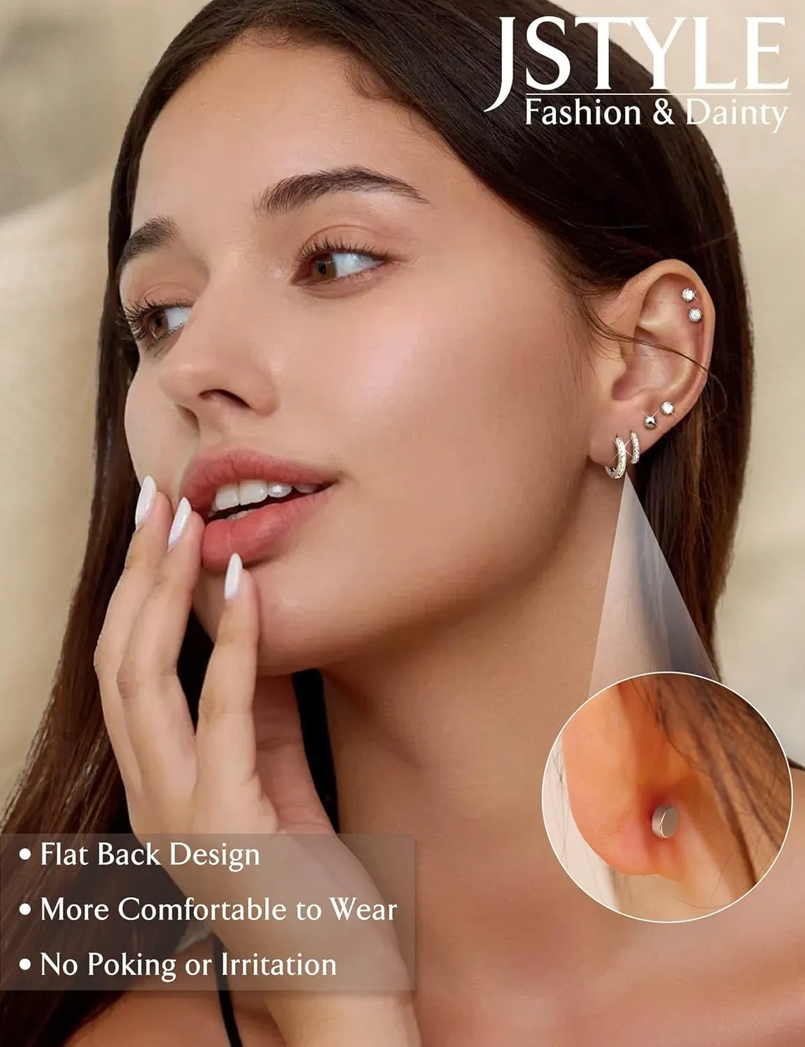 Jstyle Hypoallergenic Stud Hoop Earrings for Women Flat Back Cartilage Earrings Small Silver Hoops Surgical Stainless Steel Earring Trendy Earring Stacks Set Multiple Piercing Jewelry Gifts for Women