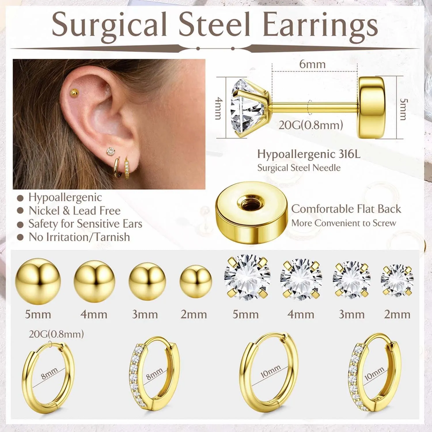 Jstyle Hypoallergenic Surgical Steel Earrings for Sensitive Ears 14K Gold Flat Back Earrings for Women Men Small Stainless Steel Earrings Flatback Stud Hoop Cartilage Earring Set for Multiple Piercing