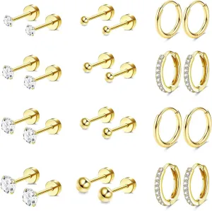 Jstyle Hypoallergenic Surgical Steel Earrings for Sensitive Ears 14K Gold Flat Back Earrings for Women Men Small Stainless Steel Earrings Flatback Stud Hoop Cartilage Earring Set for Multiple Piercing