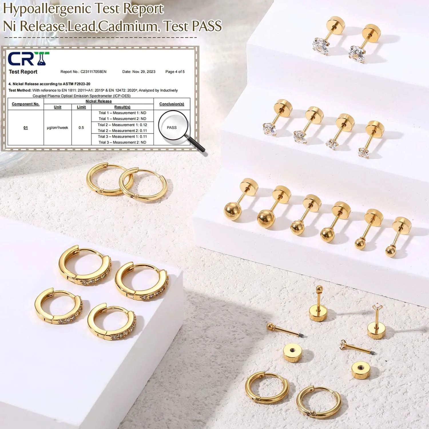 Jstyle Hypoallergenic Surgical Steel Earrings for Sensitive Ears 14K Gold Flat Back Earrings for Women Men Small Stainless Steel Earrings Flatback Stud Hoop Cartilage Earring Set for Multiple Piercing