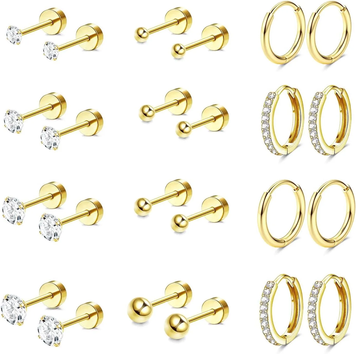 Jstyle Hypoallergenic Surgical Steel Earrings for Sensitive Ears 14K Gold Flat Back Earrings for Women Men Small Stainless Steel Earrings Flatback Stud Hoop Cartilage Earring Set for Multiple Piercing