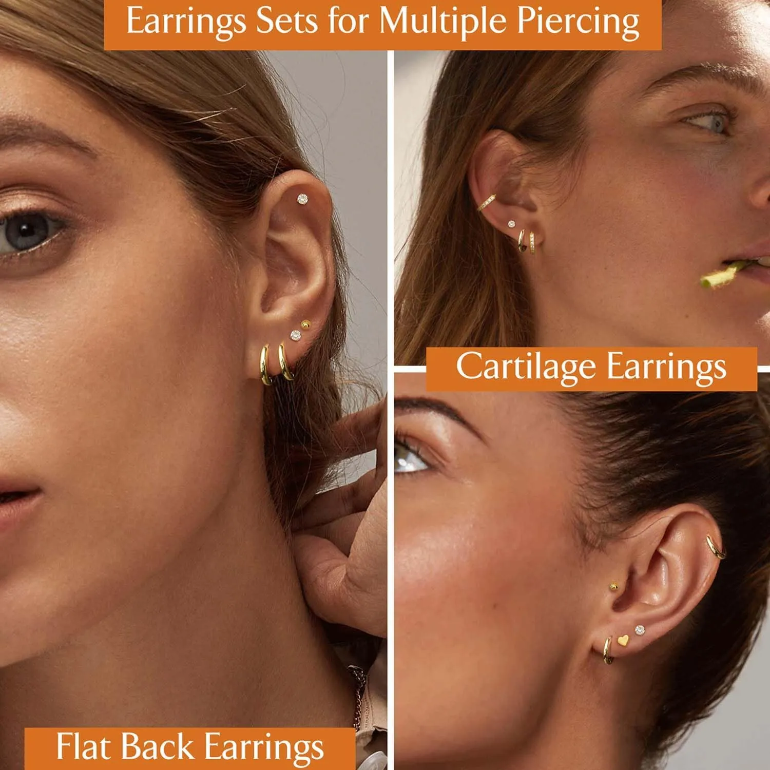 Jstyle Hypoallergenic Surgical Steel Earrings for Sensitive Ears 14K Gold Flat Back Earrings for Women Men Small Stainless Steel Earrings Flatback Stud Hoop Cartilage Earring Set for Multiple Piercing