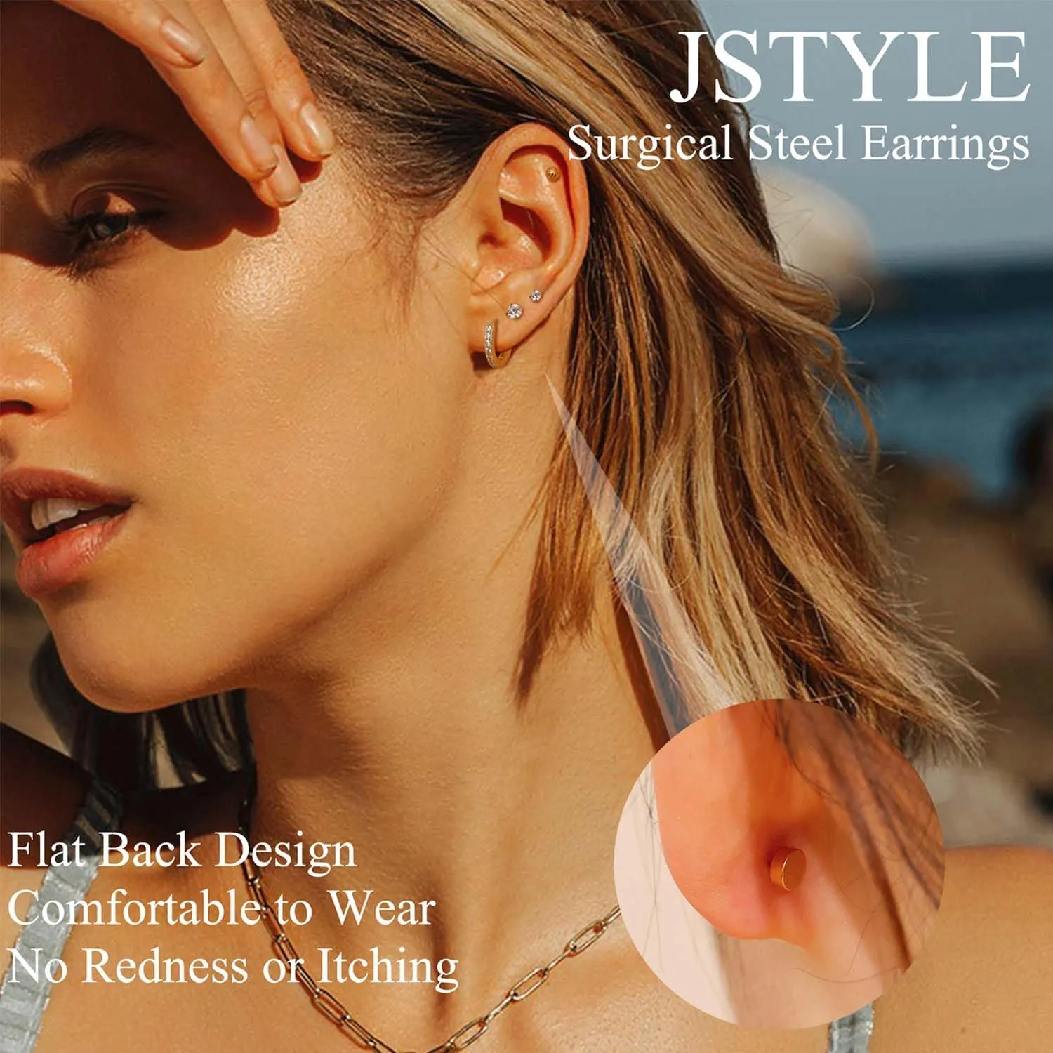 Jstyle Hypoallergenic Surgical Steel Earrings for Sensitive Ears 14K Gold Flat Back Earrings for Women Men Small Stainless Steel Earrings Flatback Stud Hoop Cartilage Earring Set for Multiple Piercing