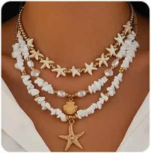 Jumwrit 3pcs Layered Choker Necklaces Boho Starfish Seashell Pendant Golden Beaded Chain Necklace Dainty Handmade Chips Pearl Necklace Beach Accessories for Women