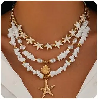 Jumwrit 3pcs Layered Choker Necklaces Boho Starfish Seashell Pendant Golden Beaded Chain Necklace Dainty Handmade Chips Pearl Necklace Beach Accessories for Women