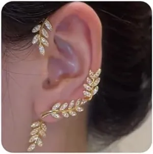 Jumwrit Rhinestone Ear Cuffs Leaf Ear Jacket Climber Crawler Earrings Ear Wrap Earrings Cute Hypoallergenic Stud Earrings for WomenGold