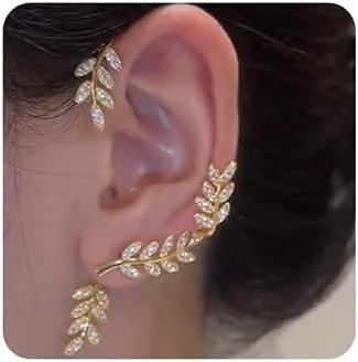 Jumwrit Rhinestone Ear Cuffs Leaf Ear Jacket Climber Crawler Earrings Ear Wrap Earrings Cute Hypoallergenic Stud Earrings for WomenGold