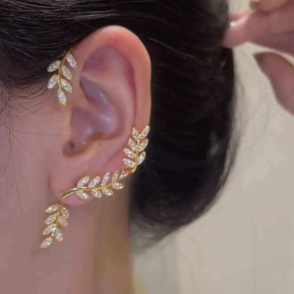 Jumwrit Rhinestone Ear Cuffs Leaf Ear Jacket Climber Crawler Earrings Ear Wrap Earrings Cute Hypoallergenic Stud Earrings for WomenGold