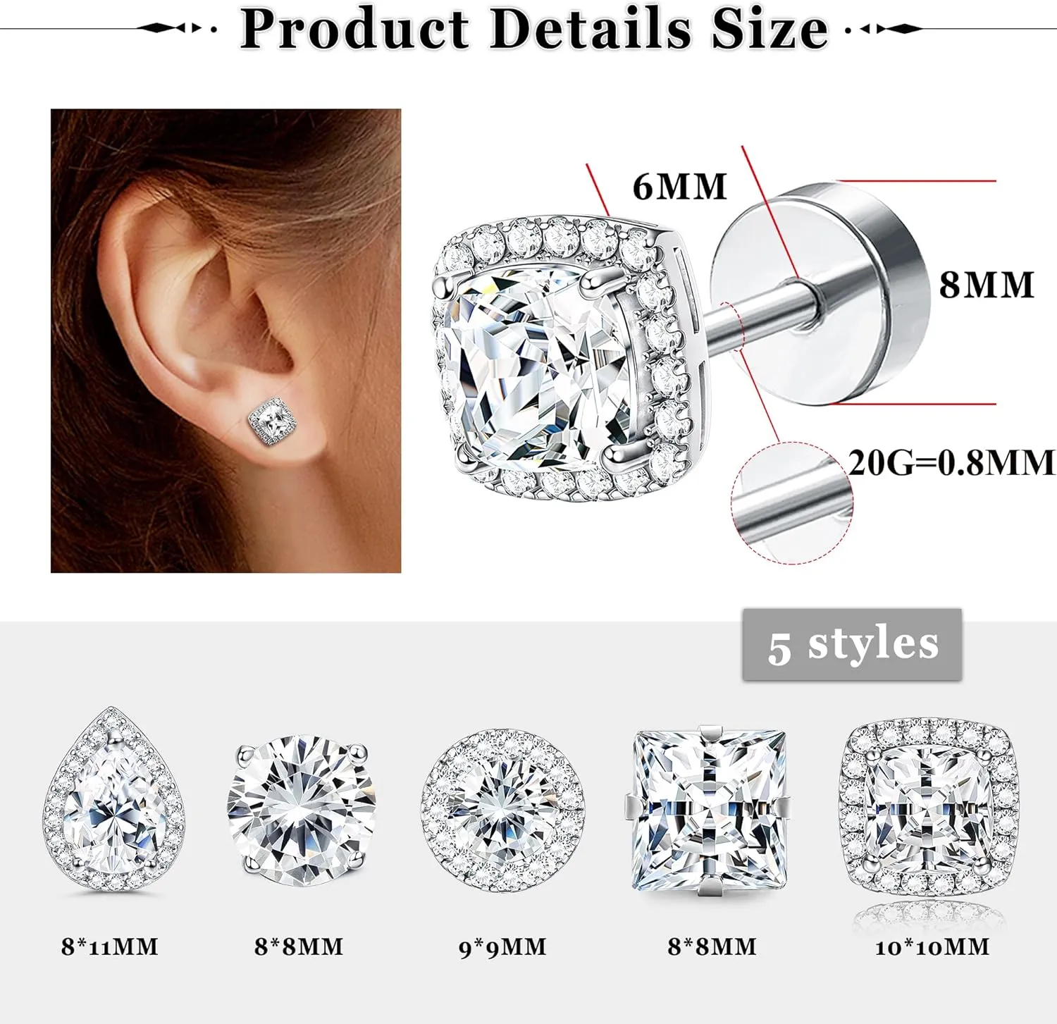Kakonia 5 Pairs 20G 18G Flat Back Earrings Stud,Surgical Steel Cubic Zirconia Stud Earrings for Women Gold/Silver Square Teardrop CZ Halo Earrings With Flat Backs Faux Diamond Piercing Earrings Studs