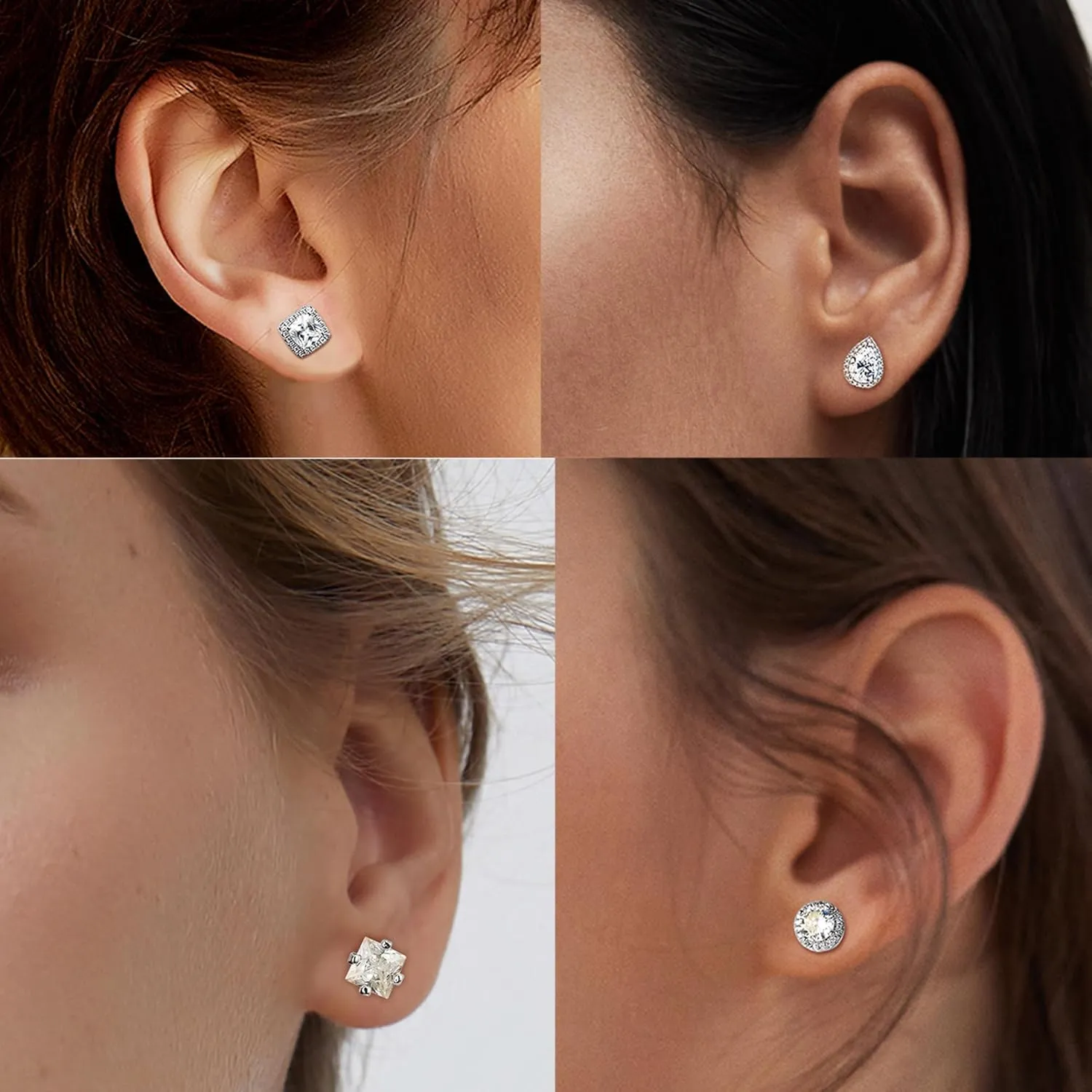 Kakonia 5 Pairs 20G 18G Flat Back Earrings Stud,Surgical Steel Cubic Zirconia Stud Earrings for Women Gold/Silver Square Teardrop CZ Halo Earrings With Flat Backs Faux Diamond Piercing Earrings Studs