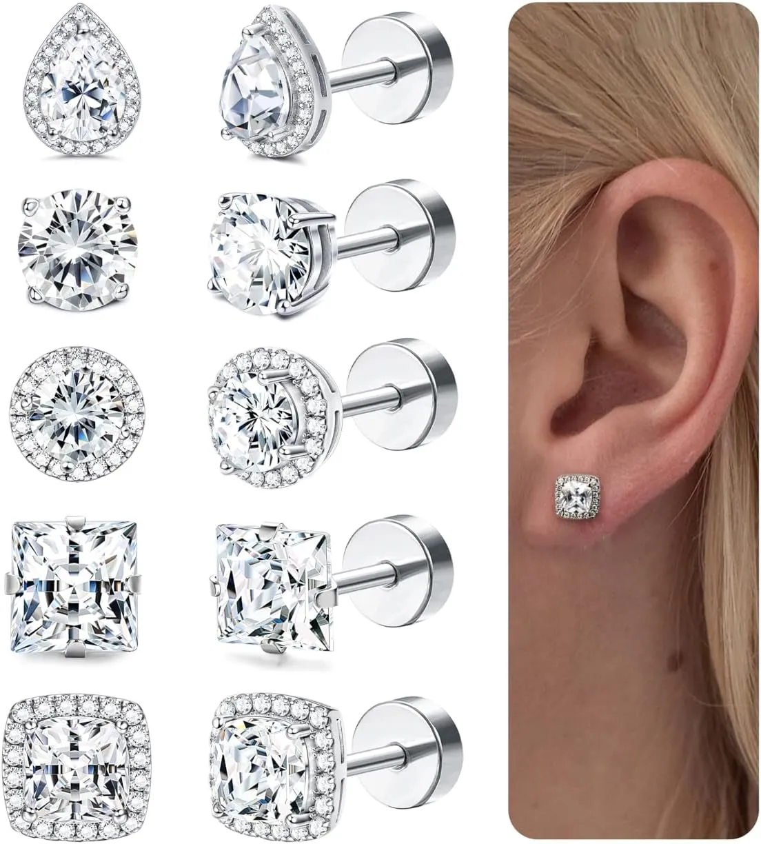 Kakonia 5 Pairs 20G 18G Flat Back Earrings Stud,Surgical Steel Cubic Zirconia Stud Earrings for Women Gold/Silver Square Teardrop CZ Halo Earrings With Flat Backs Faux Diamond Piercing Earrings Studs