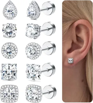 Kakonia 5 Pairs 20G 18G Flat Back Earrings Stud,Surgical Steel Cubic Zirconia Stud Earrings for Women Gold/Silver Square Teardrop CZ Halo Earrings With Flat Backs Faux Diamond Piercing Earrings Studs
