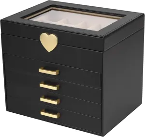 Kendal Jewelry Box, 5-Layer Jewelry Organizer Box with Glass Lid, Black, Heart Shaped PU Leather, Storage Box for Necklace Earrings Rings Bracelets, Gift Idea for Girls LJC4DRBK