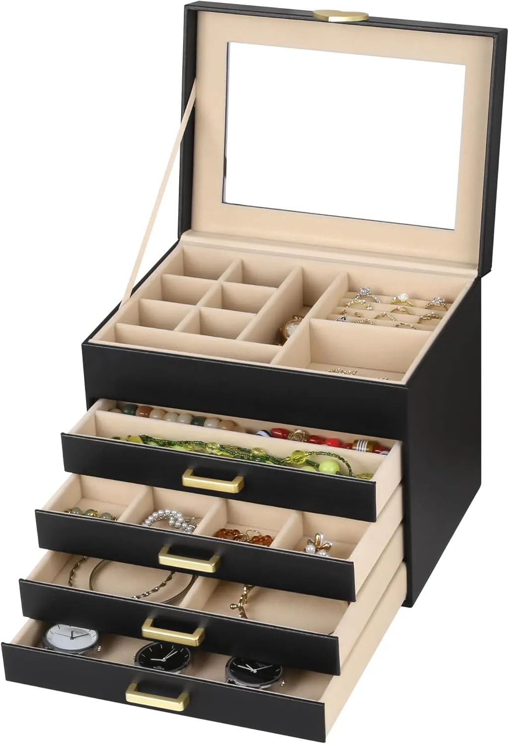 Kendal Jewelry Box, 5-Layer Jewelry Organizer Box with Glass Lid, Black, Heart Shaped PU Leather, Storage Box for Necklace Earrings Rings Bracelets, Gift Idea for Girls LJC4DRBK