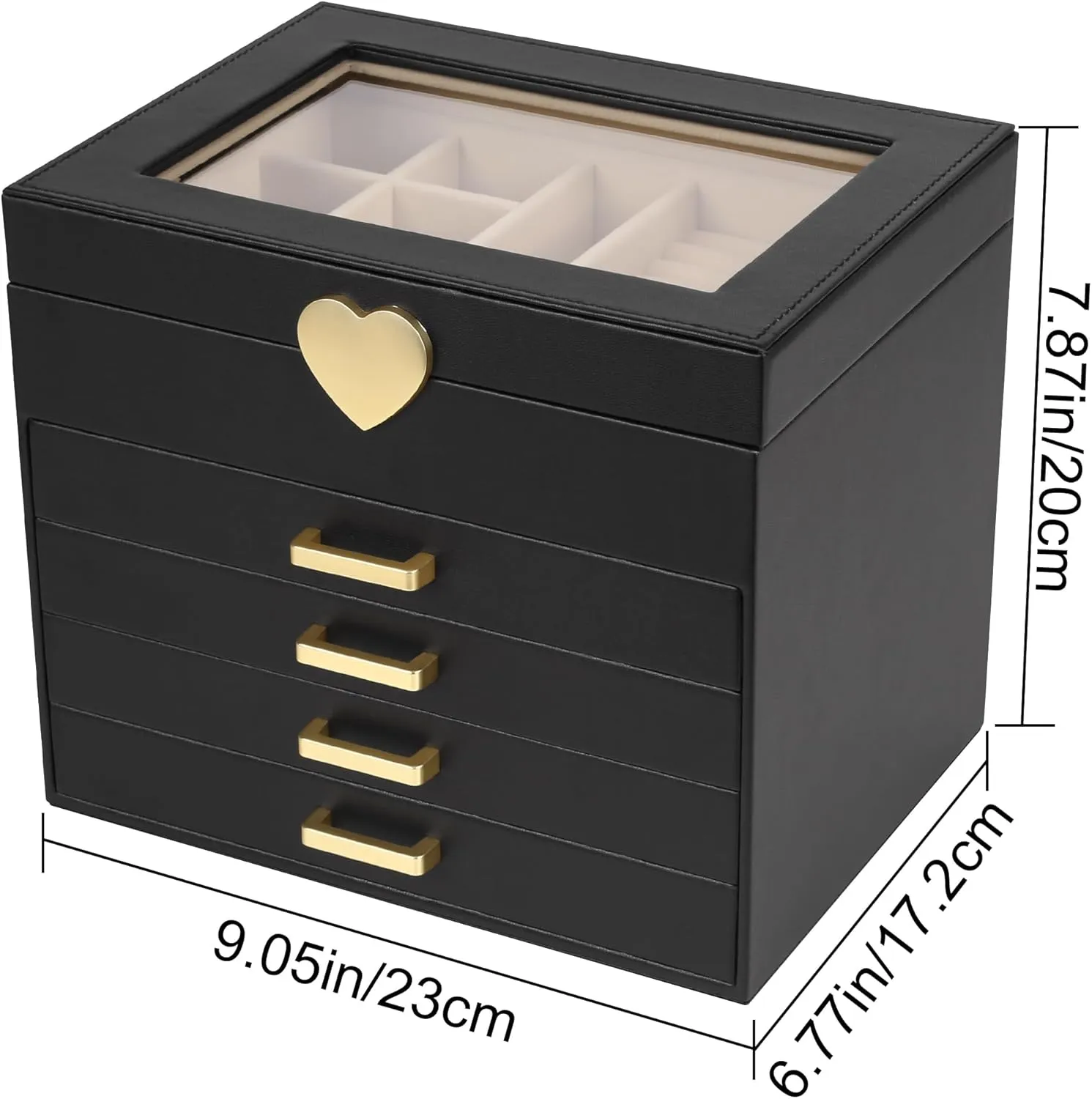 Kendal Jewelry Box, 5-Layer Jewelry Organizer Box with Glass Lid, Black, Heart Shaped PU Leather, Storage Box for Necklace Earrings Rings Bracelets, Gift Idea for Girls LJC4DRBK