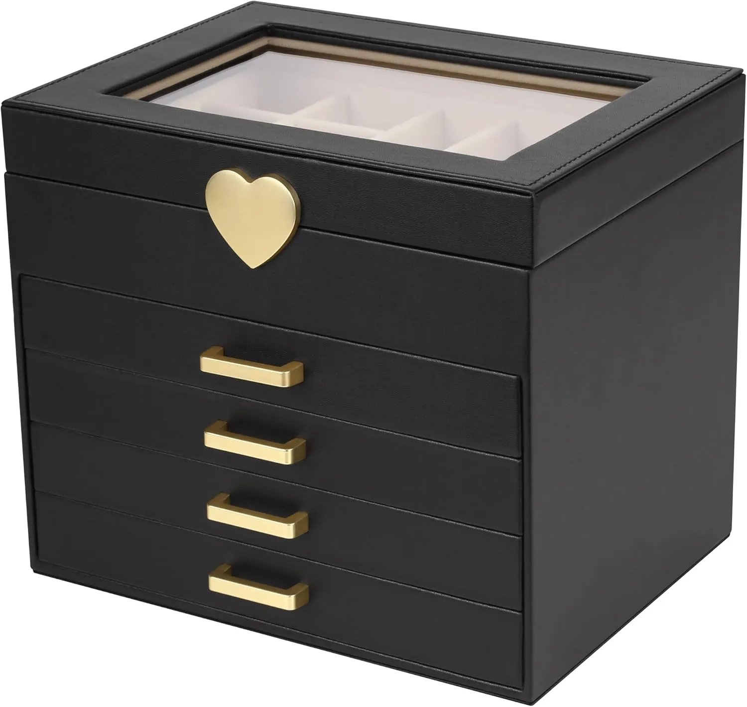 Kendal Jewelry Box, 5-Layer Jewelry Organizer Box with Glass Lid, Black, Heart Shaped PU Leather, Storage Box for Necklace Earrings Rings Bracelets, Gift Idea for Girls LJC4DRBK