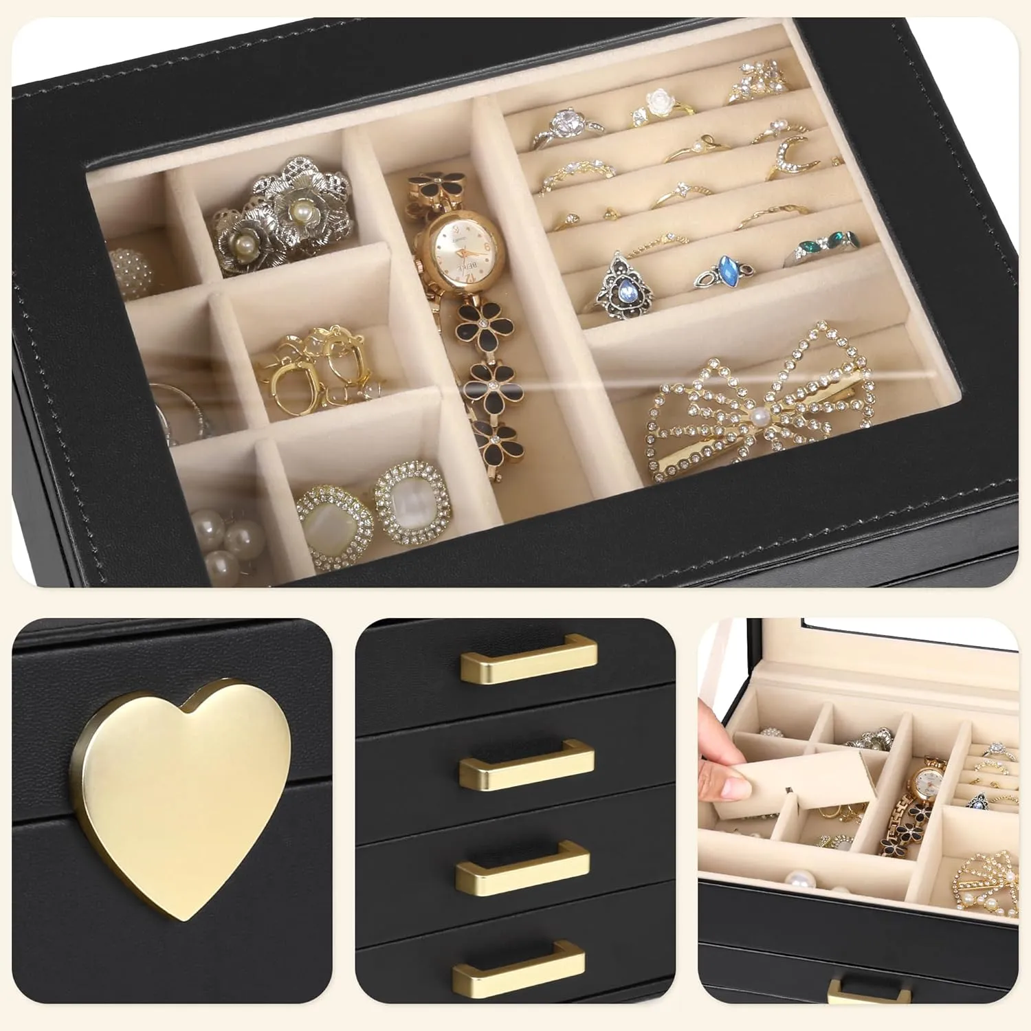 Kendal Jewelry Box, 5-Layer Jewelry Organizer Box with Glass Lid, Black, Heart Shaped PU Leather, Storage Box for Necklace Earrings Rings Bracelets, Gift Idea for Girls LJC4DRBK