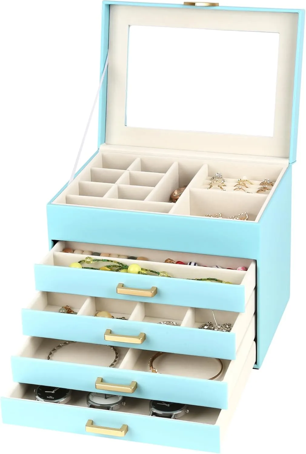 Kendal Jewelry Box, 5-Layer Jewelry Organizer Box with Glass Lid, Blue, Heart Shaped PU Leather, Storage Box for Necklace Earrings Rings Bracelets, Gift Idea for Girls LJC4DRBL