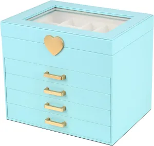 Kendal Jewelry Box, 5-Layer Jewelry Organizer Box with Glass Lid, Blue, Heart Shaped PU Leather, Storage Box for Necklace Earrings Rings Bracelets, Gift Idea for Girls LJC4DRBL