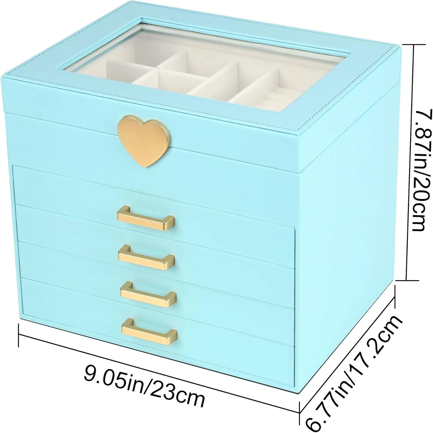Kendal Jewelry Box, 5-Layer Jewelry Organizer Box with Glass Lid, Blue, Heart Shaped PU Leather, Storage Box for Necklace Earrings Rings Bracelets, Gift Idea for Girls LJC4DRBL