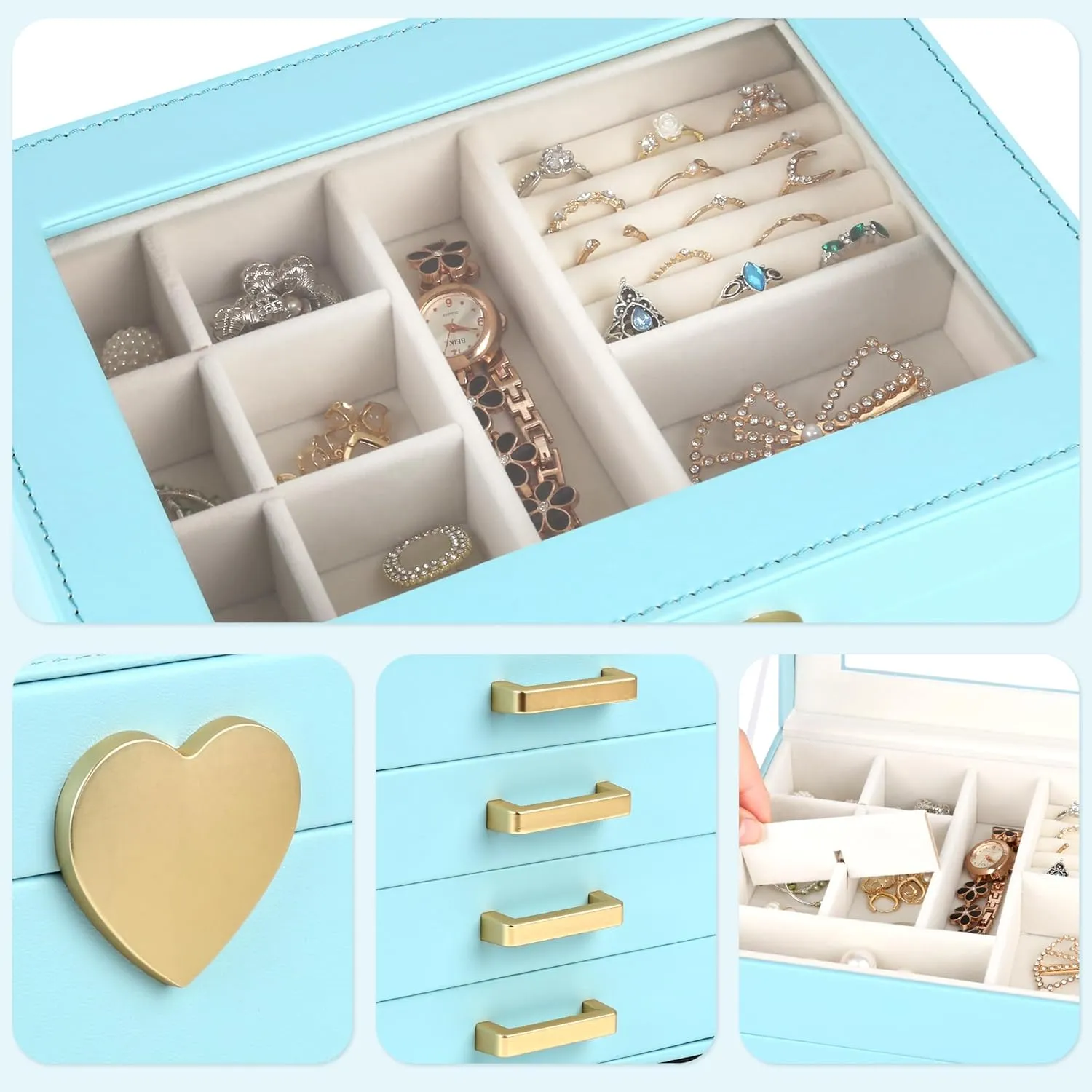 Kendal Jewelry Box, 5-Layer Jewelry Organizer Box with Glass Lid, Blue, Heart Shaped PU Leather, Storage Box for Necklace Earrings Rings Bracelets, Gift Idea for Girls LJC4DRBL