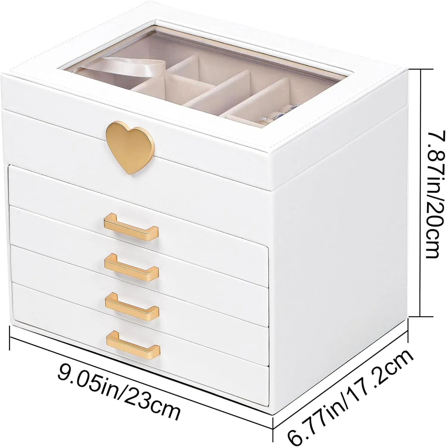 Kendal Jewelry Box, 5-Layer Jewelry Organizer Box with Glass Lid, Brass Gold and White, Heart Shaped PU Leather, Storage Box for Necklace Earrings Rings Bracelets, Gift Idea for Girls LJC4DRWH