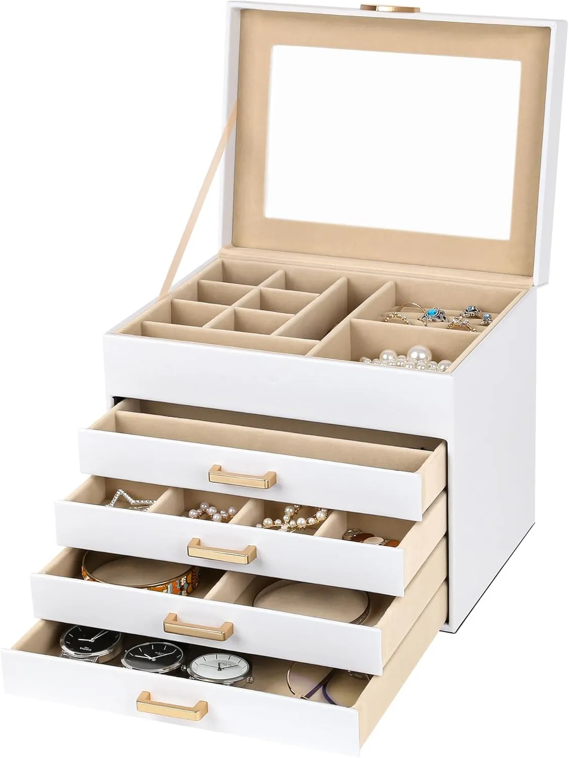 Kendal Jewelry Box, 5-Layer Jewelry Organizer Box with Glass Lid, Brass Gold and White, Heart Shaped PU Leather, Storage Box for Necklace Earrings Rings Bracelets, Gift Idea for Girls LJC4DRWH