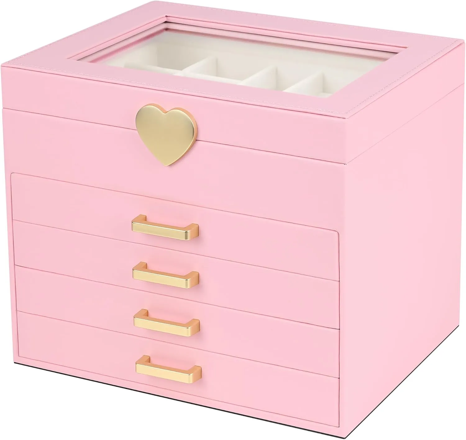 Kendal Jewelry Box, 5-Layer Jewelry Organizer Box with Glass Lid, Pink, Heart Shaped PU Leather, Storage Box for Necklace Earrings Rings Bracelets, Gift Idea for Girls LJC4DRPK