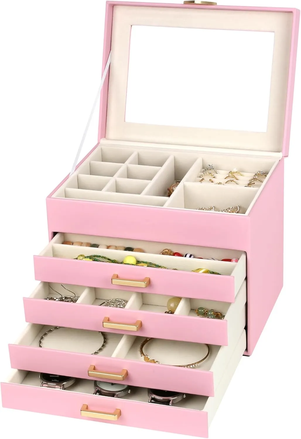 Kendal Jewelry Box, 5-Layer Jewelry Organizer Box with Glass Lid, Pink, Heart Shaped PU Leather, Storage Box for Necklace Earrings Rings Bracelets, Gift Idea for Girls LJC4DRPK