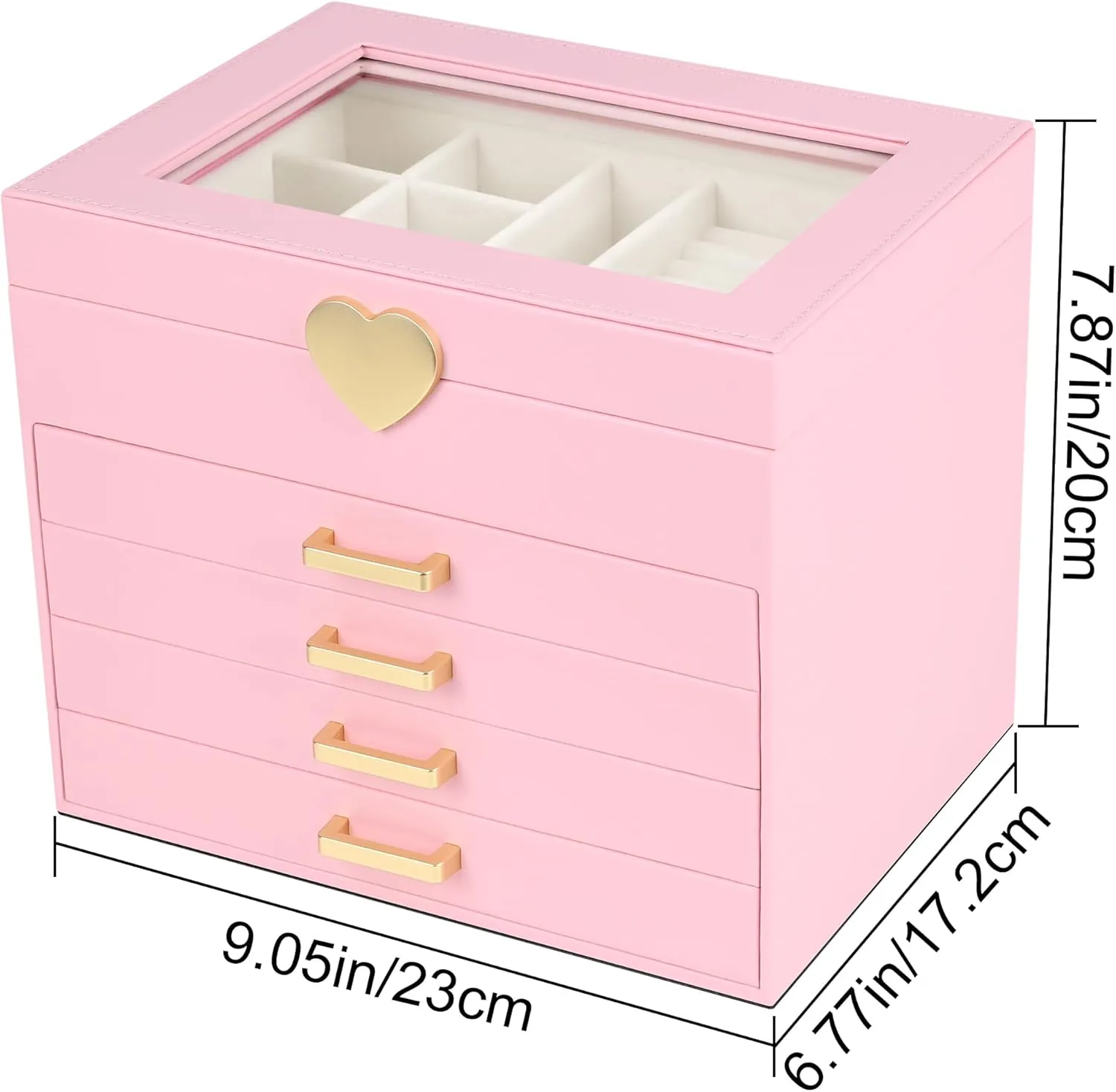 Kendal Jewelry Box, 5-Layer Jewelry Organizer Box with Glass Lid, Pink, Heart Shaped PU Leather, Storage Box for Necklace Earrings Rings Bracelets, Gift Idea for Girls LJC4DRPK