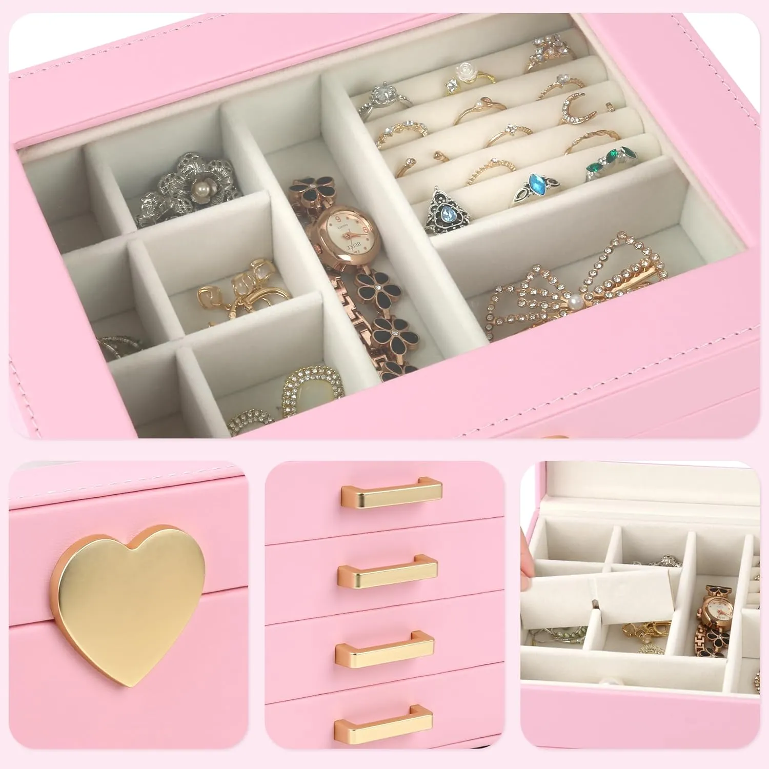 Kendal Jewelry Box, 5-Layer Jewelry Organizer Box with Glass Lid, Pink, Heart Shaped PU Leather, Storage Box for Necklace Earrings Rings Bracelets, Gift Idea for Girls LJC4DRPK