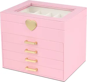 Kendal Jewelry Box, 5-Layer Jewelry Organizer Box with Glass Lid, Pink, Heart Shaped PU Leather, Storage Box for Necklace Earrings Rings Bracelets, Gift Idea for Girls LJC4DRPK
