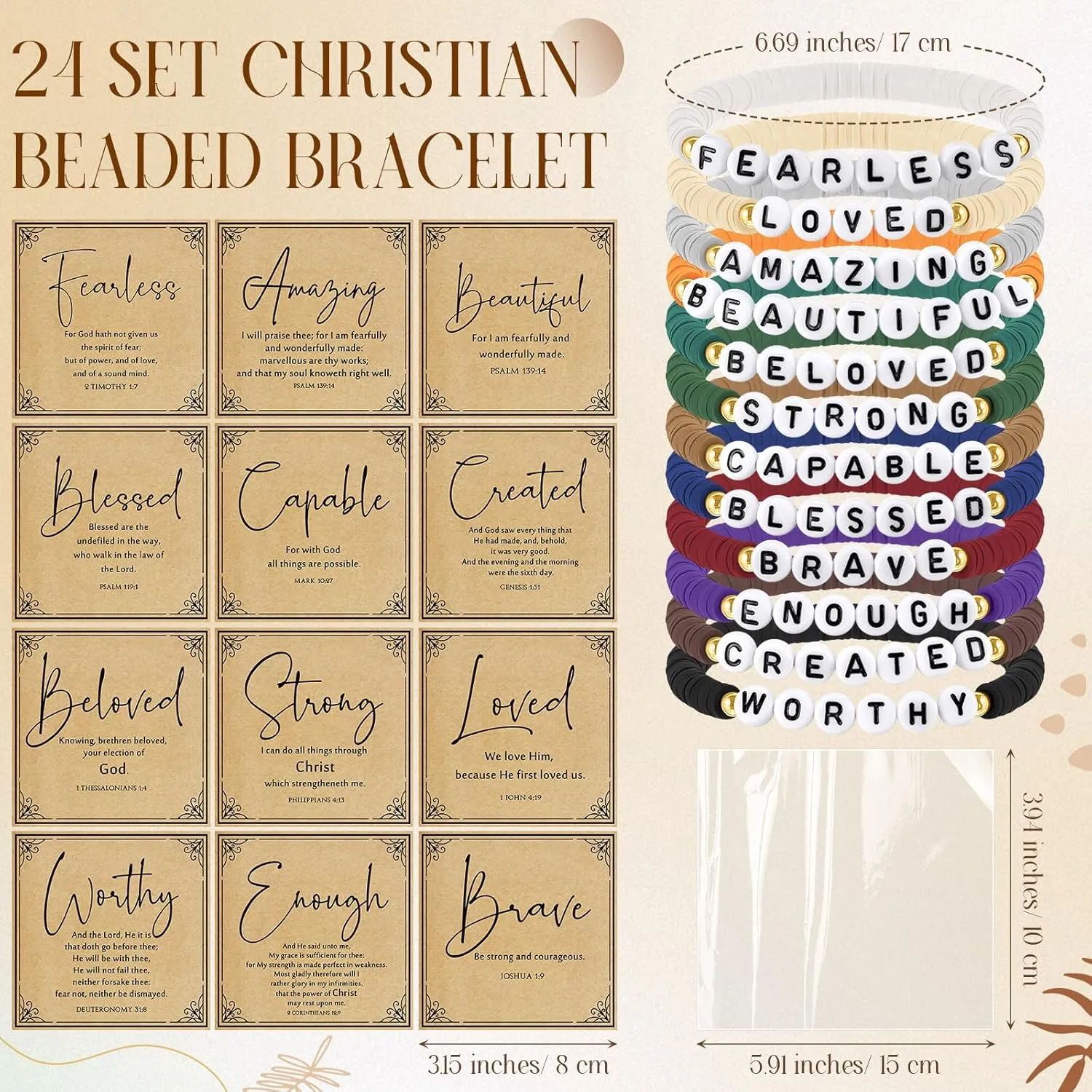 Kenning 24 Set Christian Bracelets Bulk for Men Women Colorful Neutral Stackable Clay Bible Beaded Bracelets with Religious Prayer Card Faith Inspirational Father's Day Gifts for Church