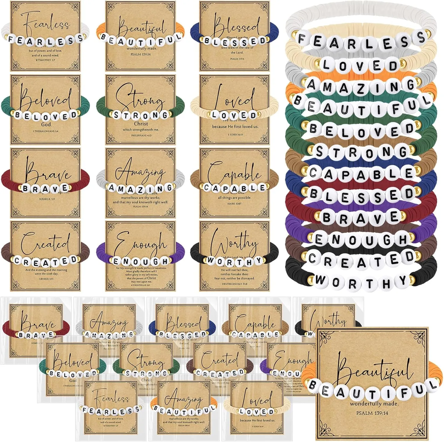 Kenning 24 Set Christian Bracelets Bulk for Men Women Colorful Neutral Stackable Clay Bible Beaded Bracelets with Religious Prayer Card Faith Inspirational Father's Day Gifts for Church