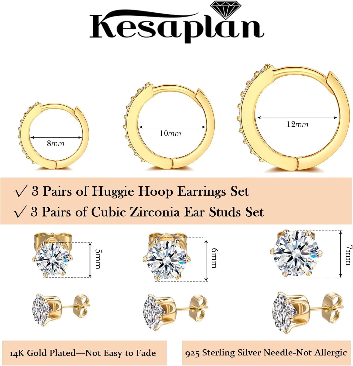 KesaPlan Huggie Hoop and Stud Earrings Set 14K Gold Plated 925 Sterling Silver Post Cartilage Piercing Earrings Gold Stud Earrings Set Women/Men