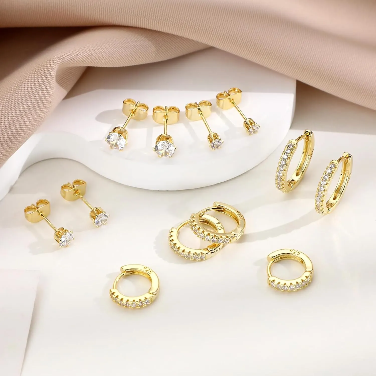 KesaPlan Huggie Hoop and Stud Earrings Set 14K Gold Plated 925 Sterling Silver Post Cartilage Piercing Earrings Gold Stud Earrings Set Women/Men