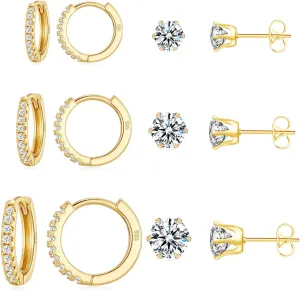 KesaPlan Huggie Hoop and Stud Earrings Set 14K Gold Plated 925 Sterling Silver Post Cartilage Piercing Earrings Gold Stud Earrings Set Women/Men
