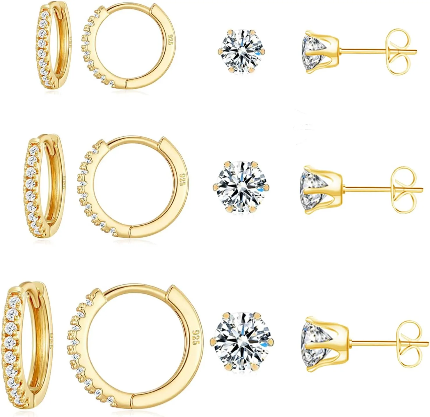 KesaPlan Huggie Hoop and Stud Earrings Set 14K Gold Plated 925 Sterling Silver Post Cartilage Piercing Earrings Gold Stud Earrings Set Women/Men
