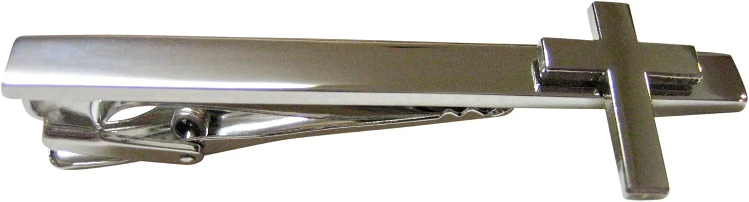 Kiola Designs Silver Toned Classic Religious Cross Square Tie Clip