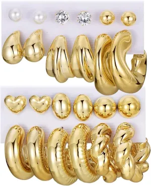 KISS WIFE Gold Chunky Earrings for Women, Hypoallergenic Lightweight Hoops, Pearl Stud Twist Heart Round Dangle Earring Packs Jewelry Gifts for Women