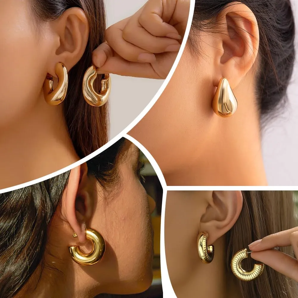 KISS WIFE Gold Chunky Earrings for Women, Hypoallergenic Lightweight Hoops, Pearl Stud Twist Heart Round Dangle Earring Packs Jewelry Gifts for Women