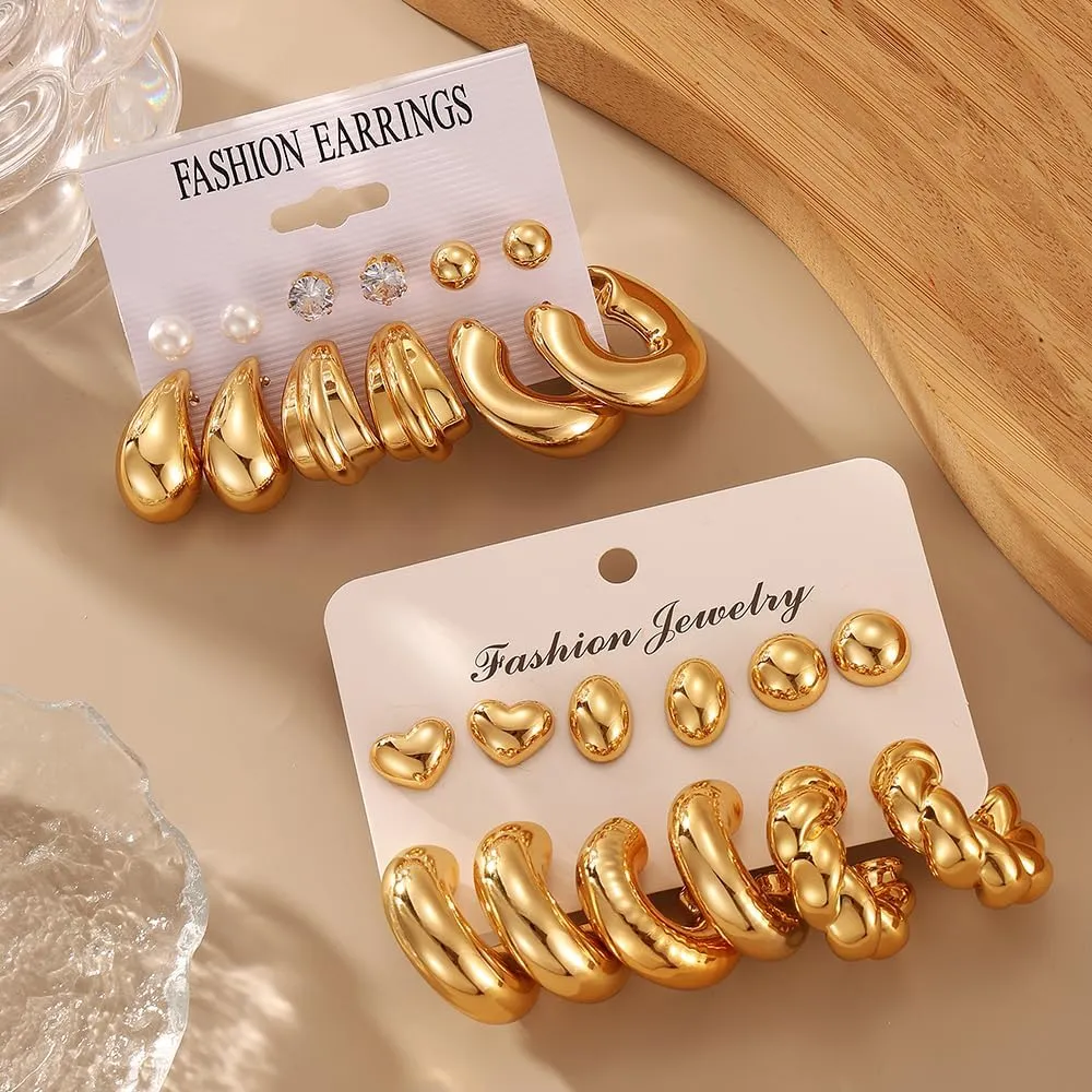 KISS WIFE Gold Chunky Earrings for Women, Hypoallergenic Lightweight Hoops, Pearl Stud Twist Heart Round Dangle Earring Packs Jewelry Gifts for Women